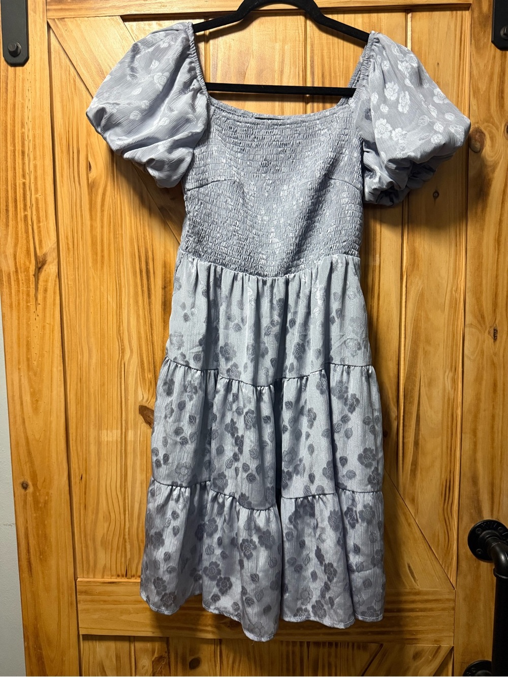 Smocked Puff-Sleeve Tiered Mini Dress in Light Blue Floral